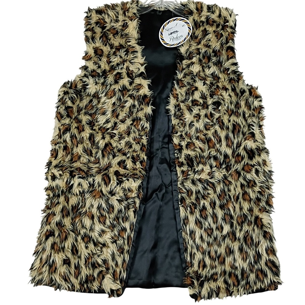 Sunshine Rodeos Leopard Vest Women Large Brown Faux Fur Western Boho